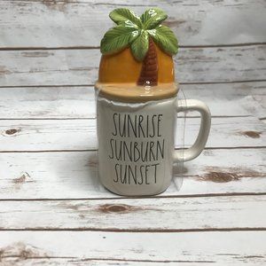 Rae Dunn SUNRISE SUNBURN SUNSET Mug with Palm Tree Topper